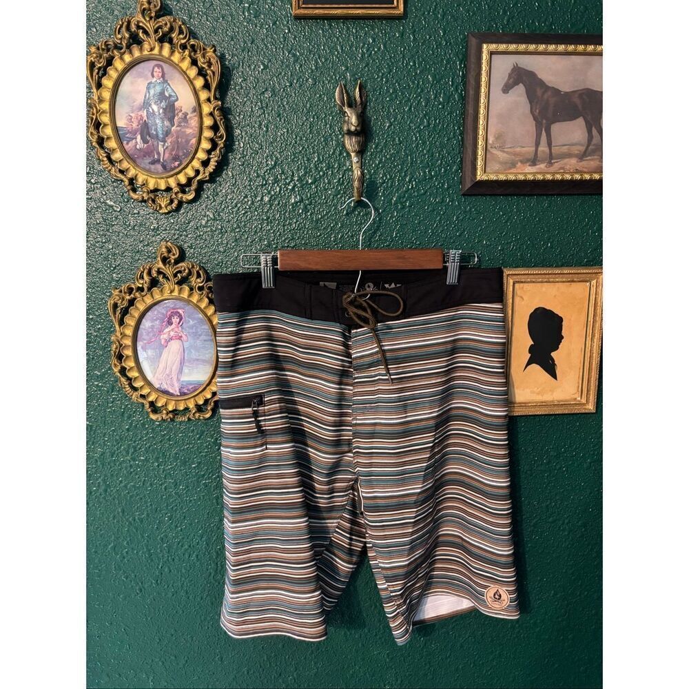 Hippy Tree Swim Trunks Mens 32 Stripe Beach Zip Pocket Board Shorts